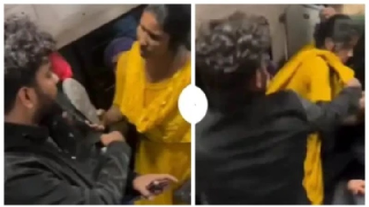 రైలులో మహిళ  అనాగరిక ప్రవర్తన..! చెప్పుతో బెదిరిస్తూ భార్యను దూషించినందుకు చితక్కొట్టిన భర్త.. వీడియో వైరల్..!!
