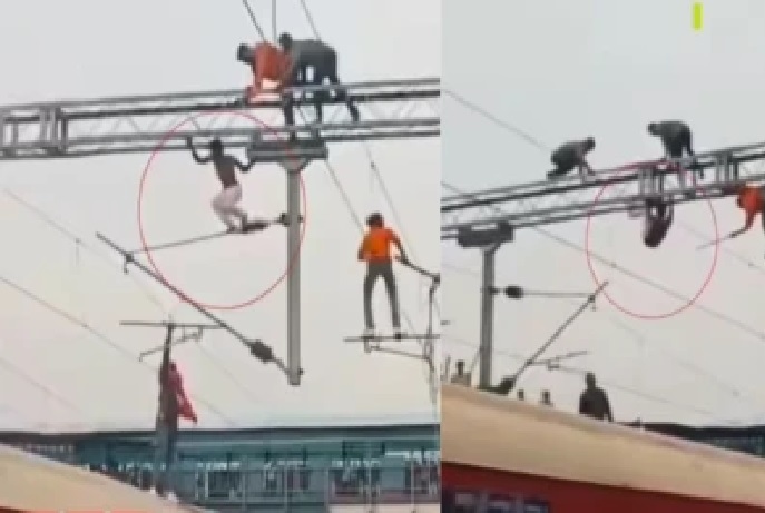 వైరల్ వీడియో: విద్యుత్ తీగలపై ‘WWE’ విన్యాసాలు; రైల్వే స్టేషన్లో హై-వోల్టేజ్ డ్రామా.. ఎప్పుడూ చూసి ఉండరు!