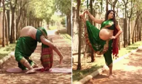 చూస్తుంటేనే భయం వేస్తోంది..! 39 వారాల గర్భవతి.. పట్టుచీరలో అద్భుతమైన యోగాసనాలు చేసిన మహిళ.. నోరెళ్లబెట్టిన నెటిజన్లు!!