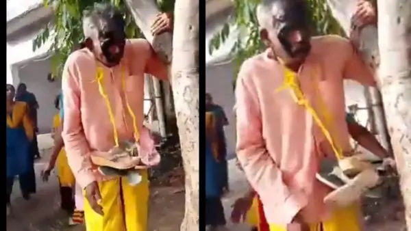 దిగ్భ్రాంతికర వీడియో..! 70 ఏళ్ల వృద్ధుడిని చెట్టుకు కట్టేసి.. ముఖానికి నల్లటి బొగ్గు పూసి, చెప్పుల దండ వేసి.. గ్రామస్థుల ఘోర అకృత్యం..!!