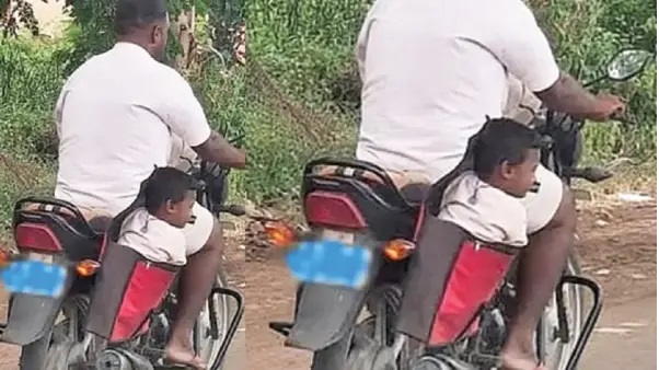 “లగేజీలా.. బైక్ పక్కన బ్యాగులో చిన్నారిని వేసుకుని తీసుకెళ్లిన తండ్రి! షాక్ అయిన వాహనదారులు!!”