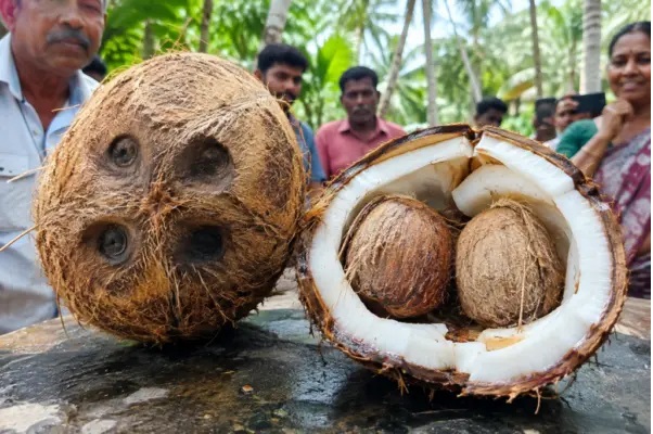 “ఇది కొబ్బరికాయా లేక ప్రకృతి వింతనా..? 4 కళ్లు ఉన్న కొబ్బరికాయ.. పగలగొడితే లోపల మరో 2 బుల్లి కొబ్బరికాయలు.. నెట్టింట వైరల్.!”