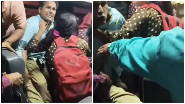 నడుస్తున్న బస్సులో చెలరేగిన రగడ.! తోటి ప్రయాణికుడి గొంతు పట్టుకున్న మహిళ.. కిందపడి దొర్లినా ఆగని దాడి.. చివరకు ఇక్కడా ఇలాగే చేశారా..? వైరలవుతున్న షాకింగ్ వీడియో..!!