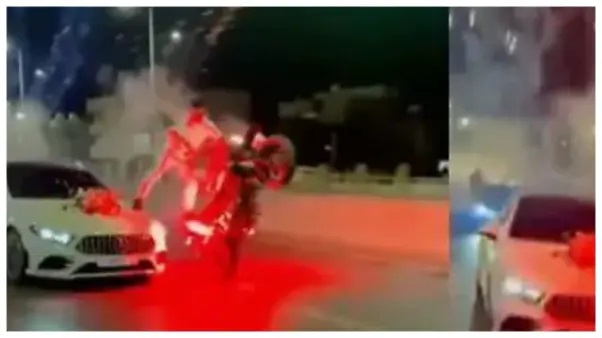 “కల్యాణ మండపంలో బైక్ స్టంట్ చేస్తూ టపాసులు పేల్చితే ఎలా ఉంటుందయ్యా?” – వధూవరుల విపరీతమైన ఎంట్రీతో షేక్ అవుతున్న సోషల్ మీడియా..!!!